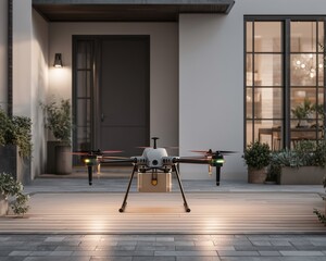 AI-Powered Grocery Delivery Drone Landing Smoothly at a Modern Home Doorstep During Evening — Futuristic, Contactless Delivery with Precision Technology