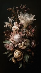 Floral Arrangement with Spiral Shell: Modern Botanical Still Life Art