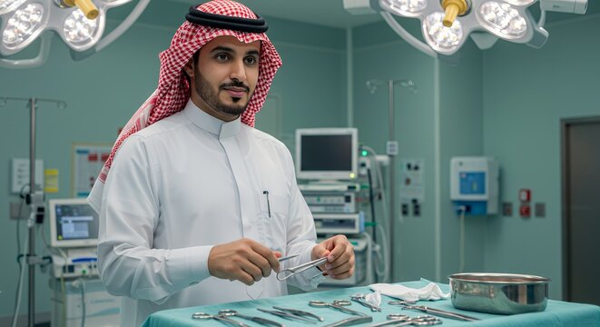 A young surgeon in traditional Middle Eastern attire prepares surgical instruments in a modern operating room, showcasing a blend of culture and