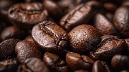 Fototapeta premium Dark roasted coffee beans closeup with dramatic lighting, showcasing their rich texture and deep color. image captures essence of freshly roasted coffee, evoking warmth and comfort