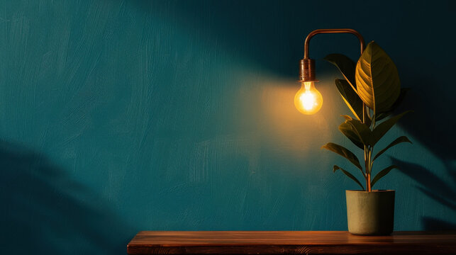 Stylish desk setup featuring glowing light bulb and potted plant against textured blue wall creates warm and inviting atmosphere. combination of natural and artificial light enhances cozy ambiance - Powered by Adobe