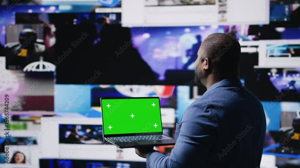 Poster modern black interface user holding a device with green screen with digital system of screens and ap