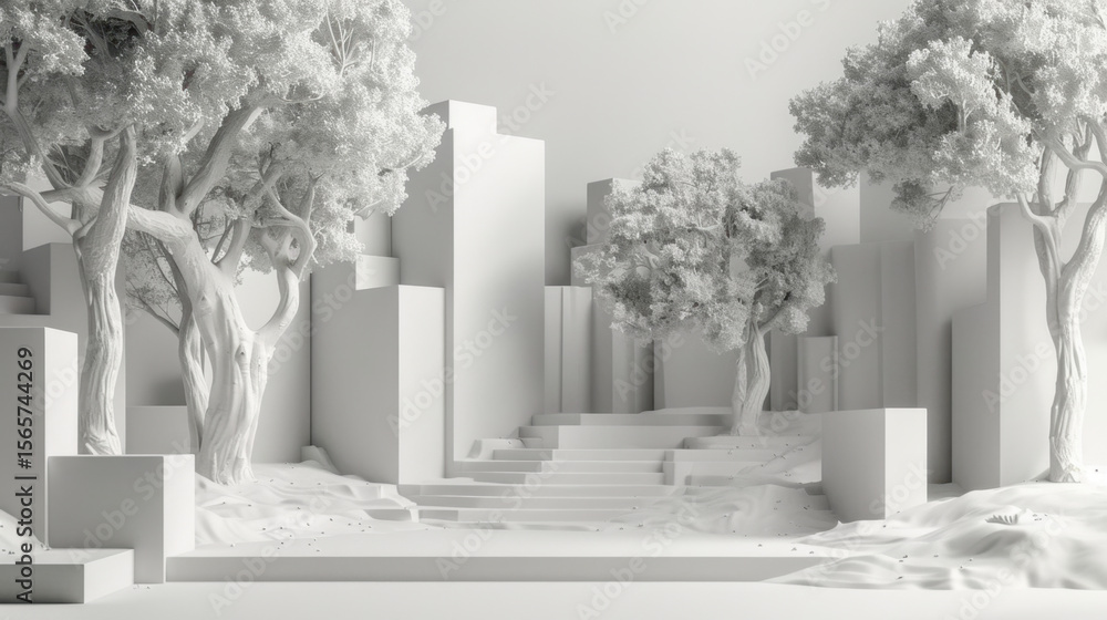 Poster serene and minimalist landscape featuring abstract white structures and trees, creating tranquil atm