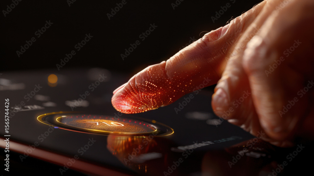 Poster close up view of finger activating digital interface with glowing fingerprint sensor, showcasing adv