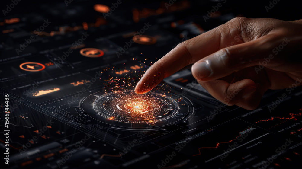 Poster futuristic hand reaching towards digital stock dashboard, showcasing vibrant data visualizations and