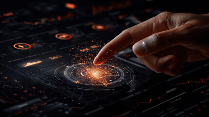 Futuristic hand reaching towards digital stock dashboard, showcasing vibrant data visualizations and glowing elements. scene conveys sense of innovation and technology