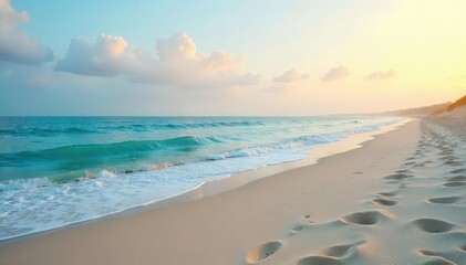 Serene, empty beach at dawn Soft sand stretches to the calm, blue ocean under a pale sky Perfect for relaxation and peaceful contemplation Waves gently lap the shore , seascape, sky, golden hour