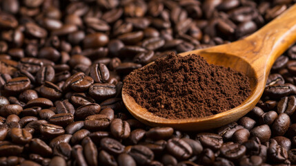 Obraz premium Ground coffee in wooden spoon on pile of whole coffee beans, showcasing rich textures and earthy tones, evoking sense of warmth and comfort