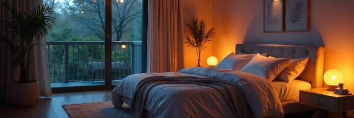 Fototapeta premium Serene bedroom scene featuring soft, warm ambient bed lighting creating a cozy and relaxing atmosphere Ideal for sleep, relaxation, and interior design websites , room, glow, home