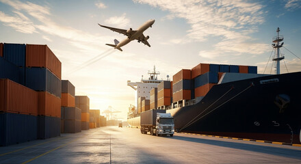 Overview of global trade with airplane flying over cargo ship and truck with shipping containers