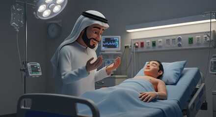 Compassionate visit: A man in traditional attire offers comfort to a young patient resting peacefully in a hospital bed.
