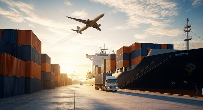 Overview of global trade with airplane flying over cargo ship and truck with shipping containers