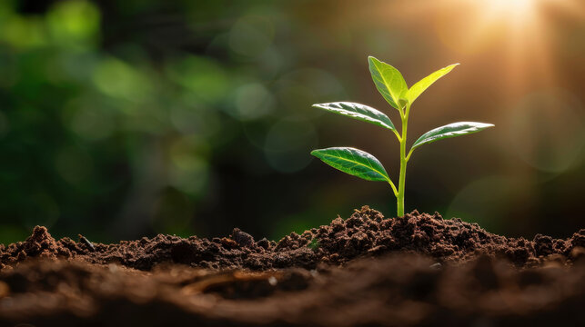 Small green plant emerges from rich soil, symbolizing growth and opportunity in vibrant, natural setting. sunlight creates warm, hopeful atmosphere, enhancing feeling of renewal and potential