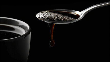 Fototapeta premium High contrast shot of black coffee in cup with stainless steel spoon dripping rich liquid. image evokes sense of warmth and comfort, perfect for coffee lovers