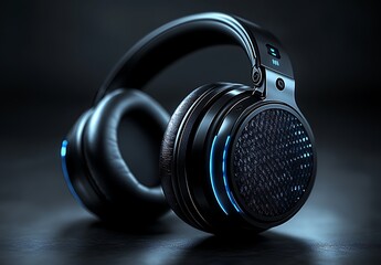 Premium Headphones with Blue Accent Lighting on Dark Backdrop