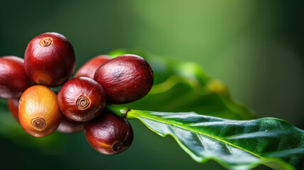 Obraz premium Fresh coffee beans on branch with vibrant green leaves create natural and serene atmosphere, showcasing beauty of coffee cultivation in its growing environment