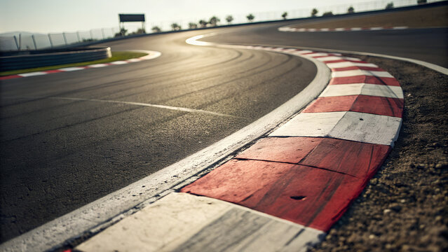 Sunlit race track curve with red and white curbs and a distant fence - Powered by Adobe
