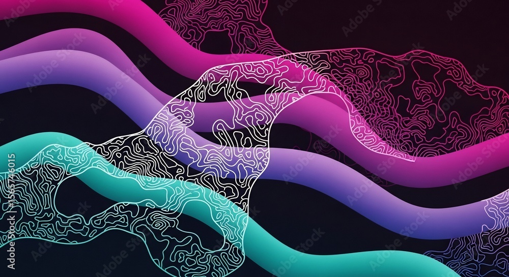 Poster abstract topographic map design with vibrant gradient waves on dark background