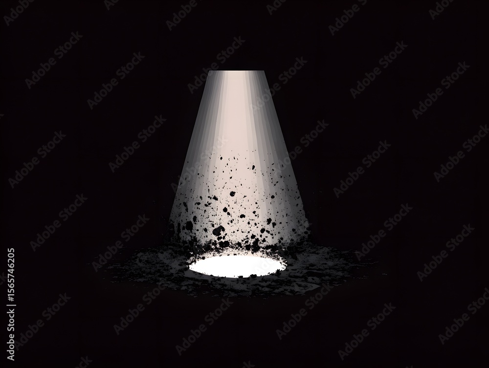 Poster an abstract composition presents a stylized, illuminated structure emerging from darkness, a stark c