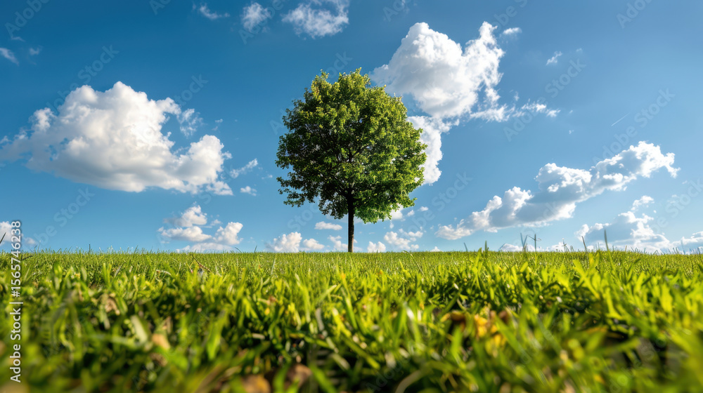Poster single sapling standing tall in open grassy meadow under bright blue sky with fluffy clouds, creatin