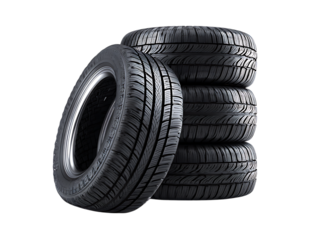 Vibrant photo of stack of five new car tires isolated on transparent background.