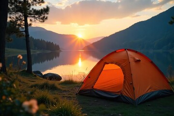 Crisp morning air, dew-kissed tent, and a picturesque sunrise over a tranquil lake Perfect camping weather for a peaceful retreat , countryside, mountains