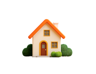 Vibrant photo of cute cartoon house with orange roof and green bushes isolated on transparent background.