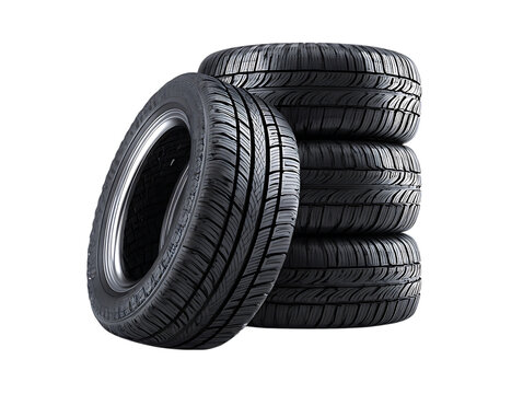 Vibrant photo of stack of five new car tires isolated on transparent background.