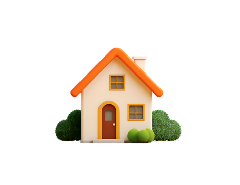 Vibrant photo of cute cartoon house with orange roof and green bushes isolated on transparent background. - Powered by Adobe