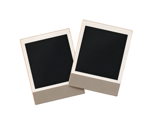 Vibrant photo of two vintage instant photo frames with blank black space isolated on transparent background.