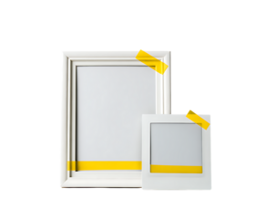 Vibrant photo of two white photo frames with yellow tape and yellow stripe isolated on transparent background.