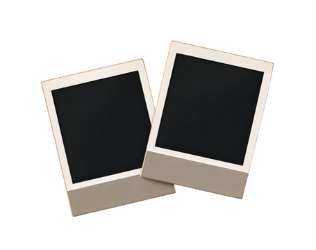 Vibrant photo of two vintage instant photo frames with blank black space isolated on transparent background.