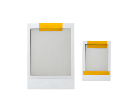 Vibrant photo of two white polaroid photo frames with yellow tape isolated on transparent background. - Powered by Adobe