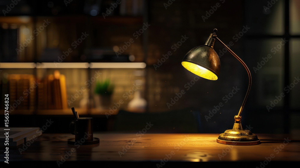 Poster cozy workspace illuminated by soft lamp, featuring clean desk with minimal clutter, creating warm an