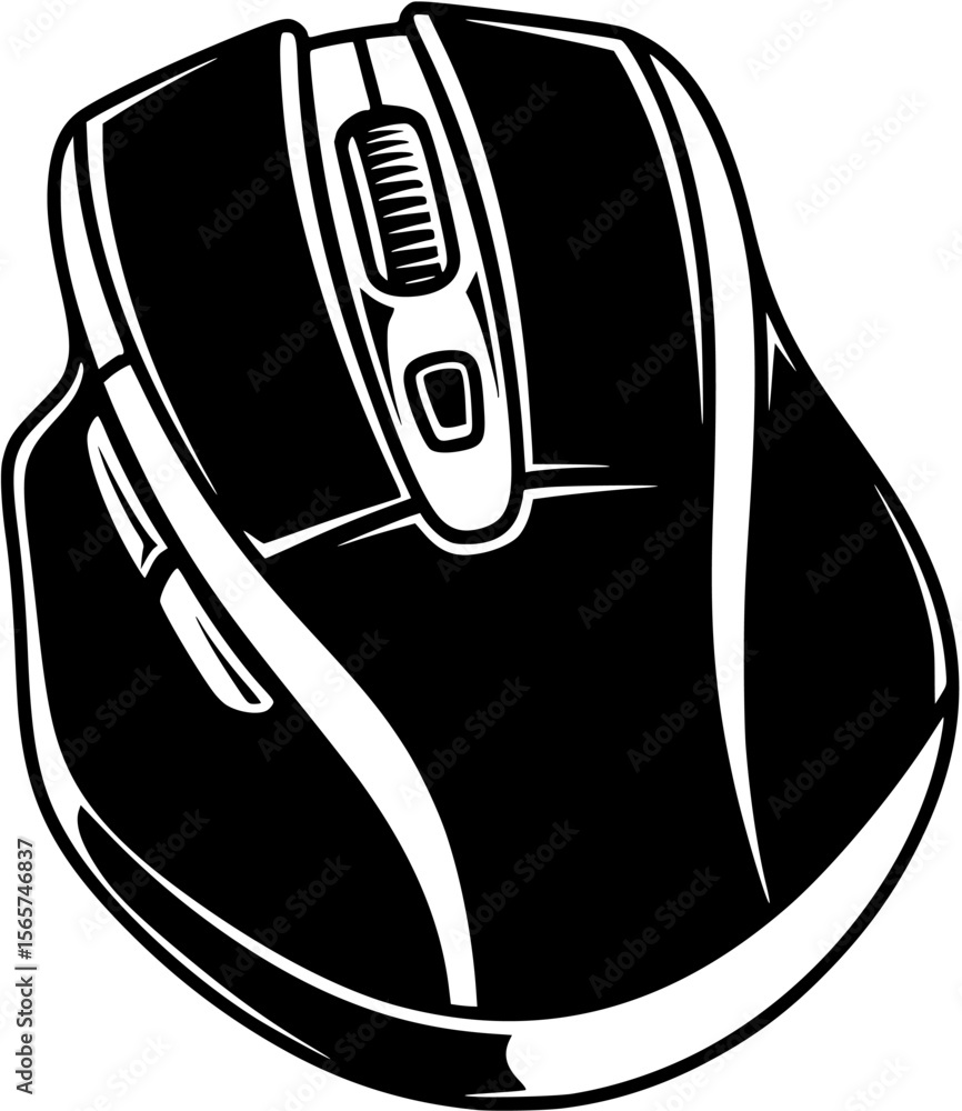 Poster a monochrome illustration of a computer mouse, showing its buttons and scroll wheel.