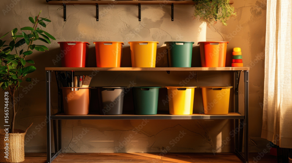Poster vibrant workspace featuring layered shelves with color coordinated bins in various shades, creating 