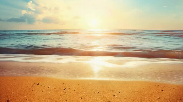 A serene beach scene at sunset with gentle waves lapping the shore.