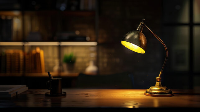 Cozy workspace illuminated by soft lamp, featuring clean desk with minimal clutter, creating warm and inviting atmosphere for productivity and creativity