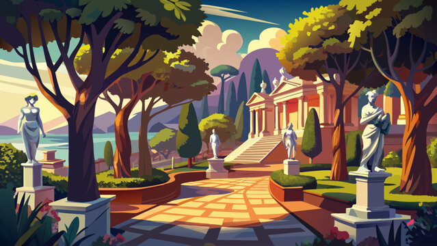 In Villa Borghese in Rome, classical statues stand tall among plane trees, and stone-paved paths shine in the afternoon light.