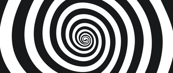 Naklejka premium Hypnotic spirals background. Radial optical illusion. Black and white swirl tunnel wallpaper. Horizontal spinning concentric curves. Vortex or whirlpool design for poster, banner, flyer.Vector