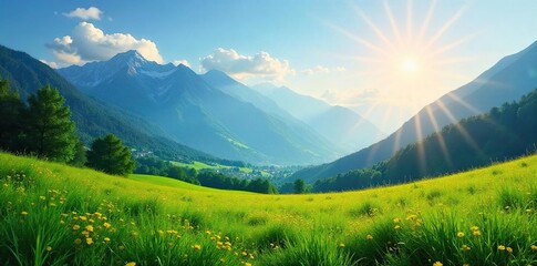 Serene Sunlit Mountain Landscape Lush Meadow, Tranquil Blue Sky, Perfect for Relaxation and Wellbeing