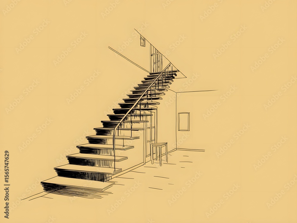 Aufkleber an architectural sketch of a staircase, depicting a minimalist design and structure. emphasizing sim