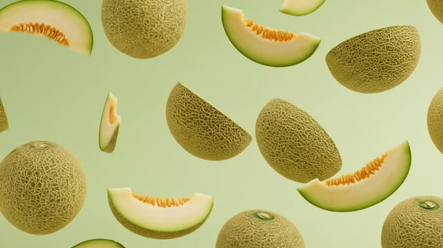 Seamless floating cantaloupe melon slices rotating smoothly on pastel background with vibrant