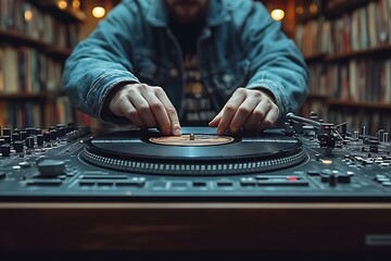 DJ Mixing Music on Turntable in Record Store or Studio