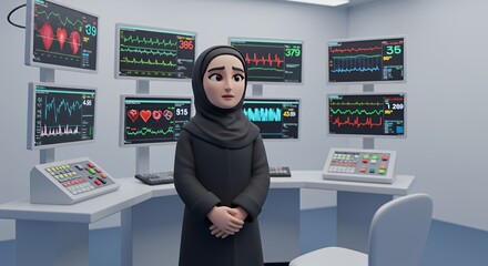 A young woman in traditional attire thoughtfully observes medical monitors in a modern hospital control room.