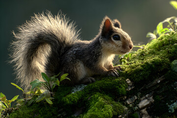 Obraz premium Ardillas standing alert on moss covered tree in forest evening light