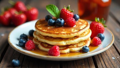 A delicious and healthy breakfast of fluffy pancakes, crispy bacon, and fresh berries, served on a rustic wooden table Perfect for a weekend brunch or a quick weekday morning meal , crispy, plate