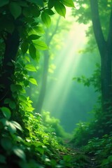 Fototapeta premium Ethereal mist clinging to lush green leaves, sunlight filtering through, creating a mystical and serene atmosphere Perfect for nature, fantasy, and environmental themes , organic, ecology