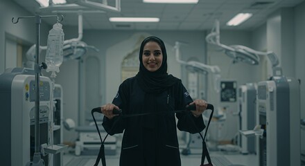 Confident female healthcare professional in a modern medical facility, smiling and holding fitness equipment, showcasing strength and well-being.