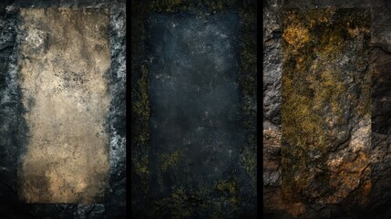 Three panels of textured stone surfaces with varying hues and patterns.